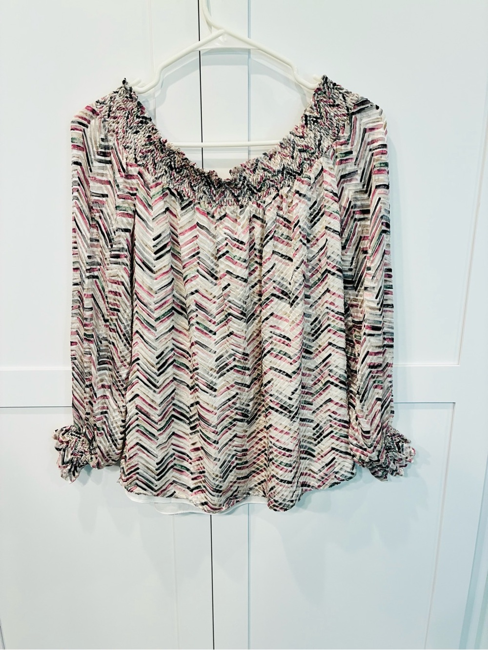 White House Black Market Smocked Off-Shoulder Velvet Top in Pink, Black & White - Picture 7 of 8